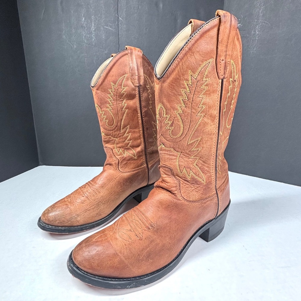 Old West Womens 6 Tan Leather Western Cowgirl Boots Classic Rodeo Round Toe - Picture 7 of 8